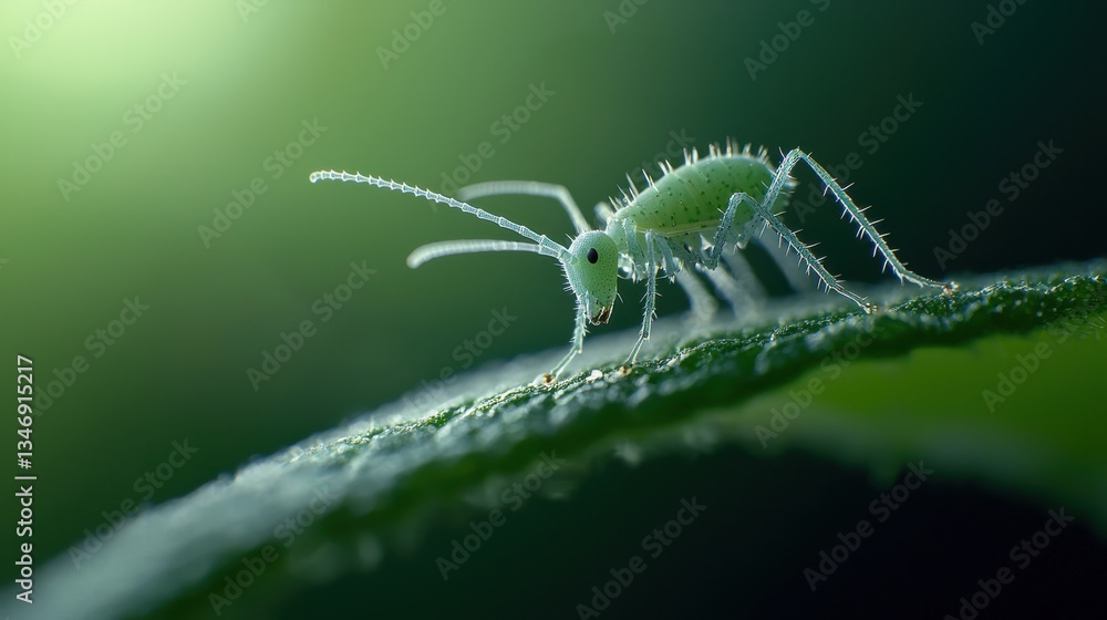Poster close-up view of tiny aphid feeding on a green leaf with soft light background