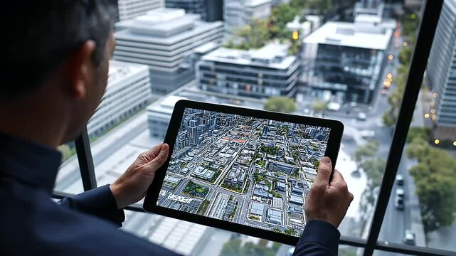 A wide-angle shot of a city planner using a tablet to navigate through a digital model of the city&rsquo;s urban landscape.