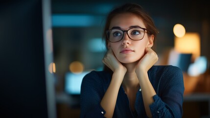 Contemplative woman in glasses home office portrait evening close-up focus on thoughtful expression