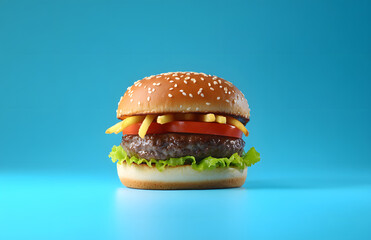 Beef burger stacked with cheese, bacon, and fresh vegetables, captured in a restaurant setting, showcasing a delicious meal composition.	