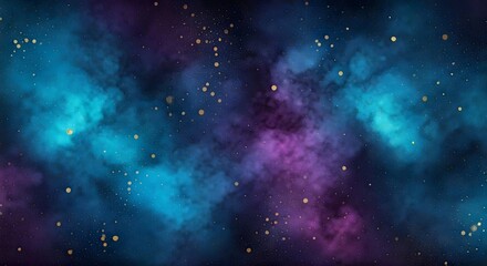 Naklejka premium A colorful watercolor backdrop with rich blues, purples, and splashes of gold, creating a cosmic feel, Ai Generated