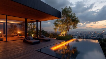 Photorealistic rende of a luxurious modern villa at twilight with glowing infinity pool overlooking a sprawling cityscape in high detail and clarity