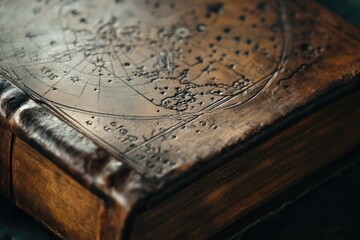 Naklejka premium Antique leather-bound book with embossed celestial map; a testament to historical cartography and craftsmanship.