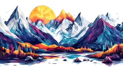 Vibrant Mountainous Landscape with Glowing Sky and Serene Lake