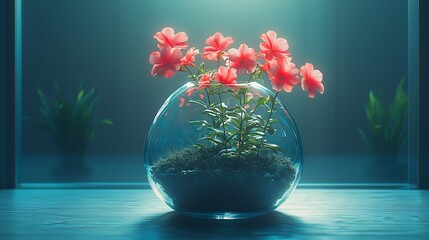 Pink flowers in a glass globe, interior scene