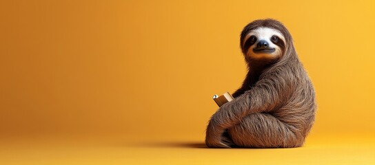 A cheerful sloth with glasses enjoys reading a book in a cozy setting