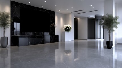 Modern, minimalist lobby with black and gray accents.  Large, polished floor,  reception desk, and plants