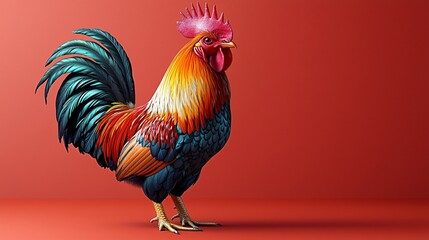 Rooster on Coral Background