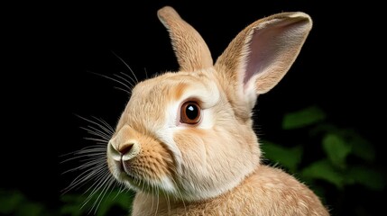 An adorable light brown rabbit with a curious gaze sits in a lush green garden, its long ears alert and whiskers twitching, a charming portrait of a pet bunny.
