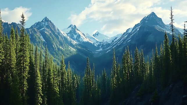Expansive wilderness where the lush green timberline meets the white-capped mountains high resolution wallpaper