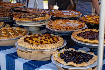 Close up of an array of vibrant pies, tarts and pastries displayed at a bakery booth at food festival