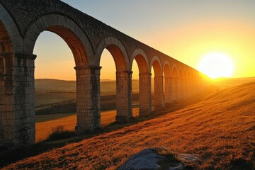 Ancient stone aqueduct stretching across a golden sunset landscape.