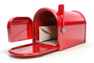 Red Mailbox 3D Illustration, Open Mailbox with Envelope, Realistic Panoramic Postal Image, White Background