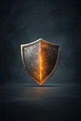 A metallic shield with a glowing crack emits a striking visual against a dark background, symbolizing strength and protection.