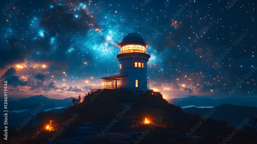 Poster a stunning lighthouse stands on a mountain under a starry sky, surrounded by cosmic clouds and dista
