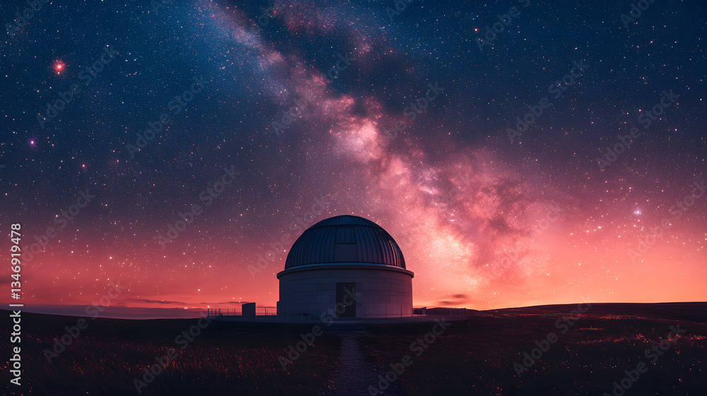 Poster a stunning night sky features a bright milky way above a large observatory, surrounded by open field