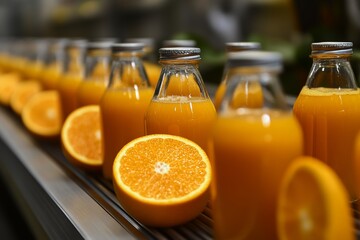 Energetic orange juice bottles advancing on a conveyor belt in an industrial environment