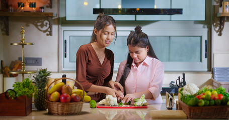 Indian young adult gen z woman lady teach cut fresh vegan slice on chop board to teen age girl child indoor modern kitchen two female sister prepare salad learn food enjoy have fun joy spend day time