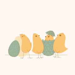 Cute Easter chicks with eggs illustration