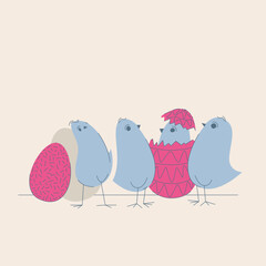 Cute Easter chicks with eggs illustration