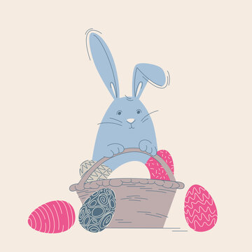 Cute vector illustration of an Easter composition with a decorated eggs and a bunny