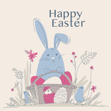 Cute vector illustration of an Easter composition with a decorated eggs chick a bunny and flowers