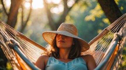 Serene woman with straw hat relaxing in hammock against sun-dappled trees