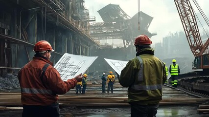 Construction workers examining blueprints at an industrial site with machinery in background