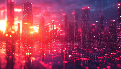 Fototapeta premium A radiant city, bathed in a warm glow, stretches into the distance with a symphony of lights and urban texture