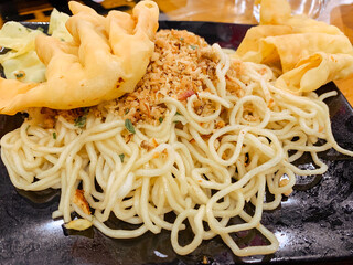 Fried noodles with minced meat and fried dumplings in a bowl. Chinese food.