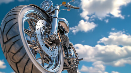 Fototapeta premium Chrome Motorcycle Against a Sky: A gleaming chrome motorcycle, radiating power and sleek design, against the vast backdrop of a bright, cloud-dotted blue sky. Capturing a sense of freedom, speed.