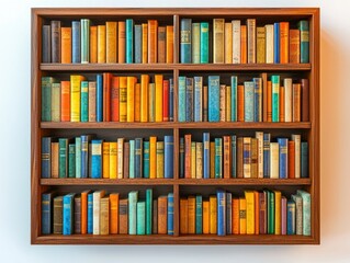 A wooden bookshelf filled with various colorful books, showcasing a diverse collection of literature.