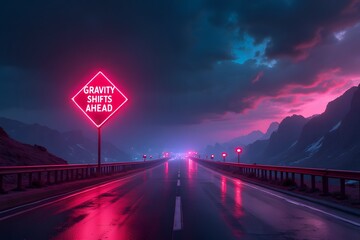 A neon **"Gravity Shifts Ahead"** sign on a futuristic highway.