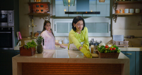 Indian mom standing wear apron and hand gloves collect pick up waste trash in box day time adult woman lady do work teen age girl child use rag wipe table dust keep fresh neat tidy clean kitchen home