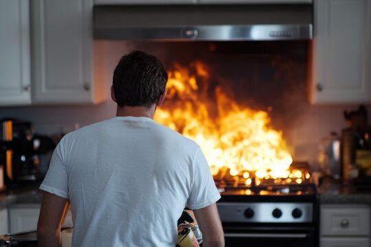 A man stands watch with concern as flames erupt from a stove in the kitchen, capturing the moment of alarm and the need for immediate action to prevent disaster.
