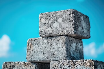 Stacked concrete blocks against a vibrant blue sky, showcasing construction materials.