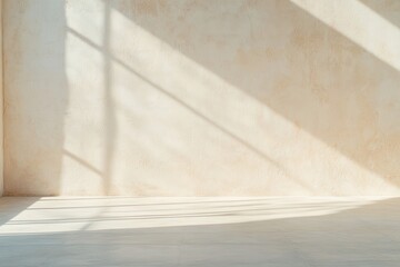 capture tranquility of sunlit empty wall in minimalist interior showcasing its texture and subtle shadows as they play