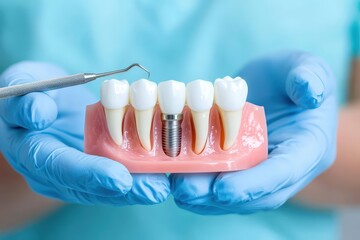 Close-Up Photograph of a Dental Model with Implant and Tools Held by a Professional