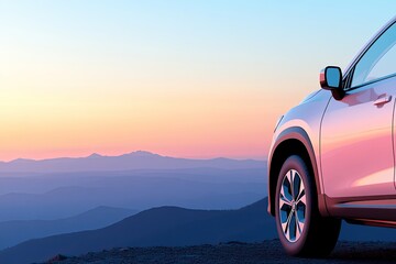 close-up of modern suv parked on mountain ridge at sunrise highlighting its rugged design and gleaming paintwork