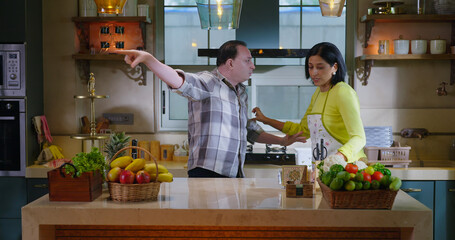 Indian upset middle aged adult gen x couple pair male female do bad fight argue indoor modern...