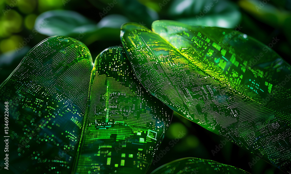 Aufkleber leaves adorned with intricate patterns and droplets, blending nature with a digital aesthetic in vib