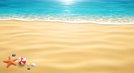 Obraz premium Vacation and beach holiday banner background with starfish and beach ball. Summer vacation concept for banner or poster decoration with coastal details lying on sand