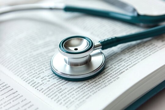close-up of stethoscope lying on open medical textbook symbolizing healthcare learning concepts