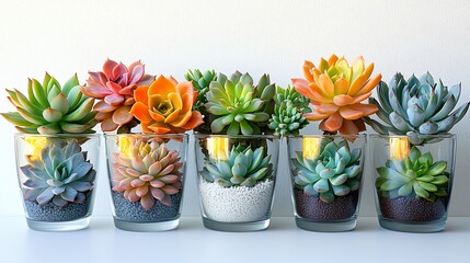 Succulents in Glass Pots, White Background