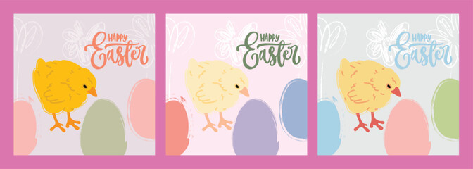 Cute Easter square designs with chicks, sketched eggs and doodled flowers. Pastel illustrations for social media, web and print projects. Awesome graphic assets.