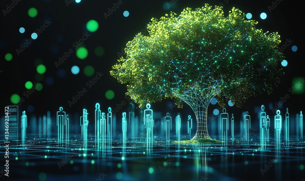 Aufkleber a digital tree surrounded by abstract figures and glowing orbs, symbolizing connection and technolog
