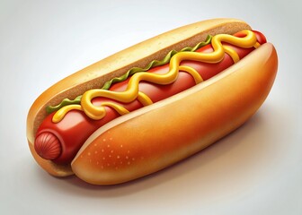 A juicy hot dog nestled in a perfectly toasted bun, topped with a squiggle of bright yellow mustard and a hint of lettuce, a classic American treat depicted with vibrant, glossy detail.