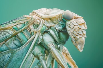 Intricate details of a planthopper's body, showcasing its translucent wings and unique head structure.