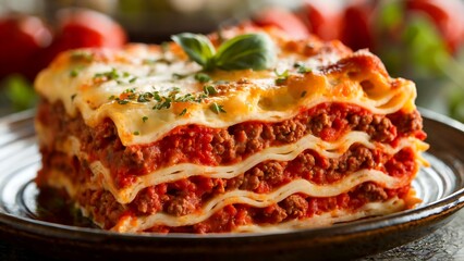 Delicious homemade lasagna with layers of meat, sauce, and melted cheese