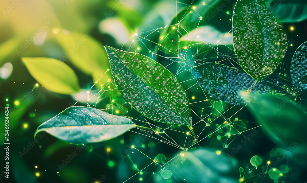 Aufkleber vibrant green leaves intertwined with delicate web-like patterns in a natural setting.